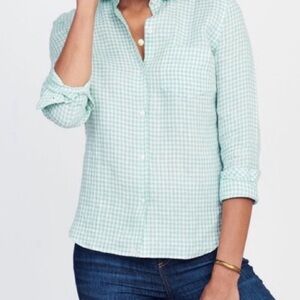 Women's UNTUCKIT 100% Linen Green and White Gingham Button Down Shirt. Size 14.